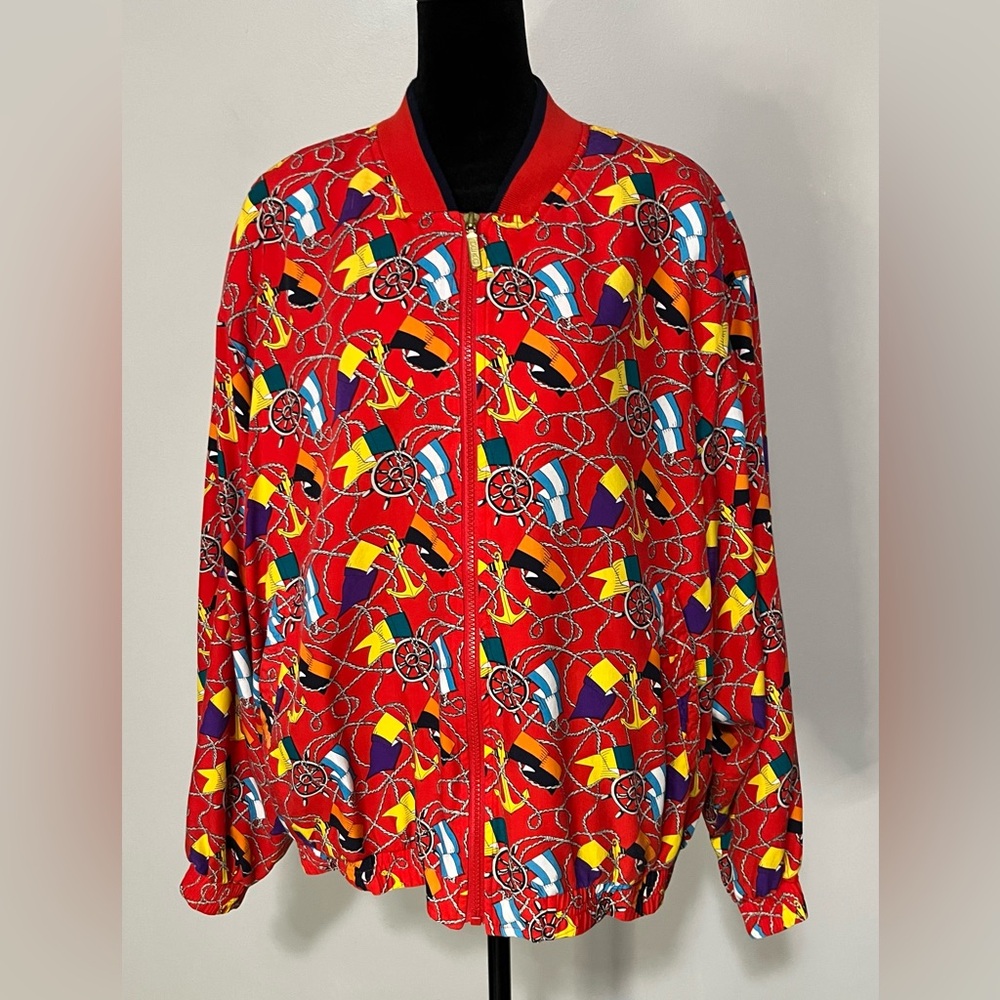 Vintage Head Red Nautical Print Windbreaker Bomber Jacket Coat Zipper Size LG